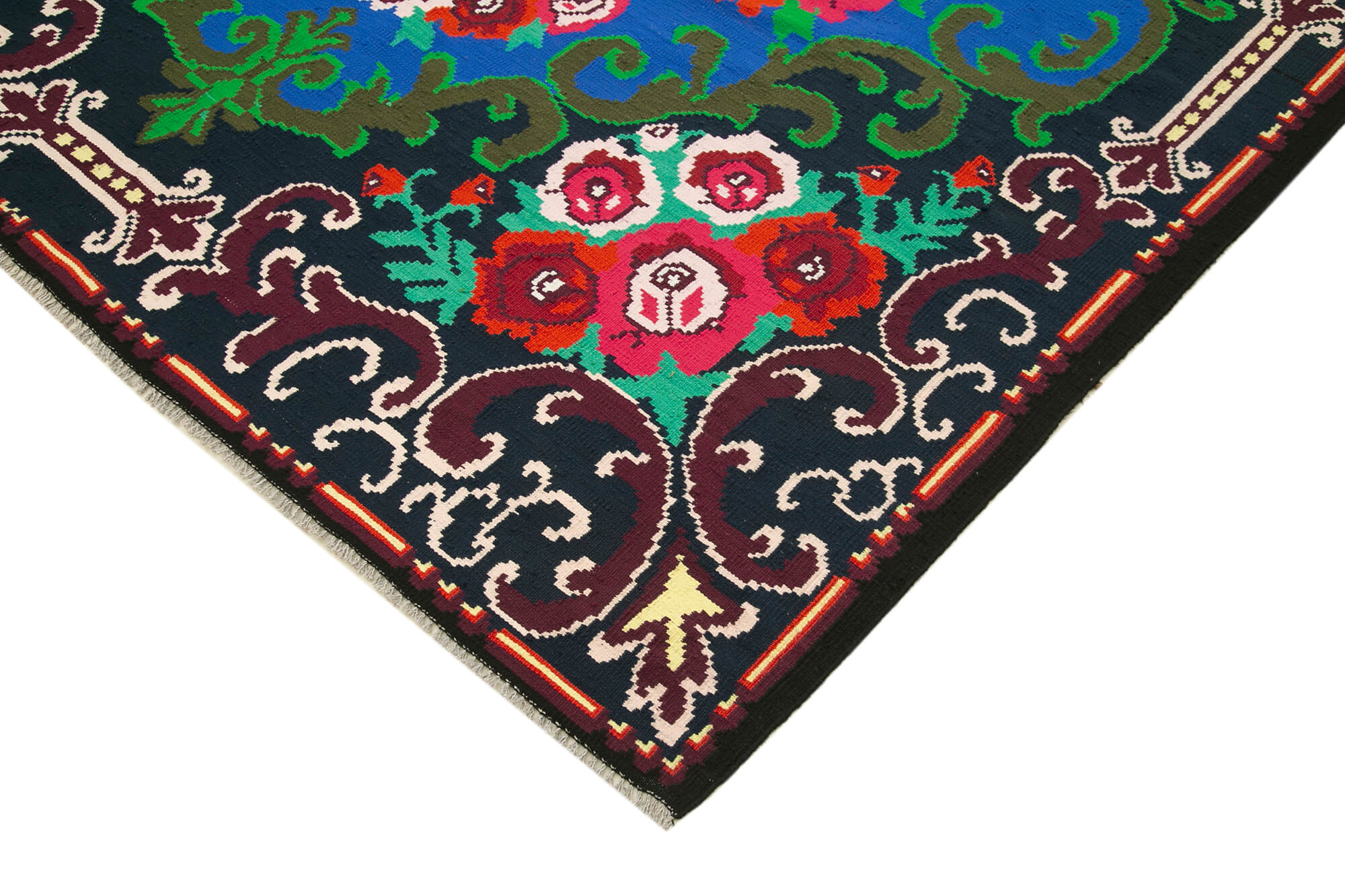 Handmade Wool Rug - Moldovian Black Floral Cotton Wool Carpet 7'1''x11'0''