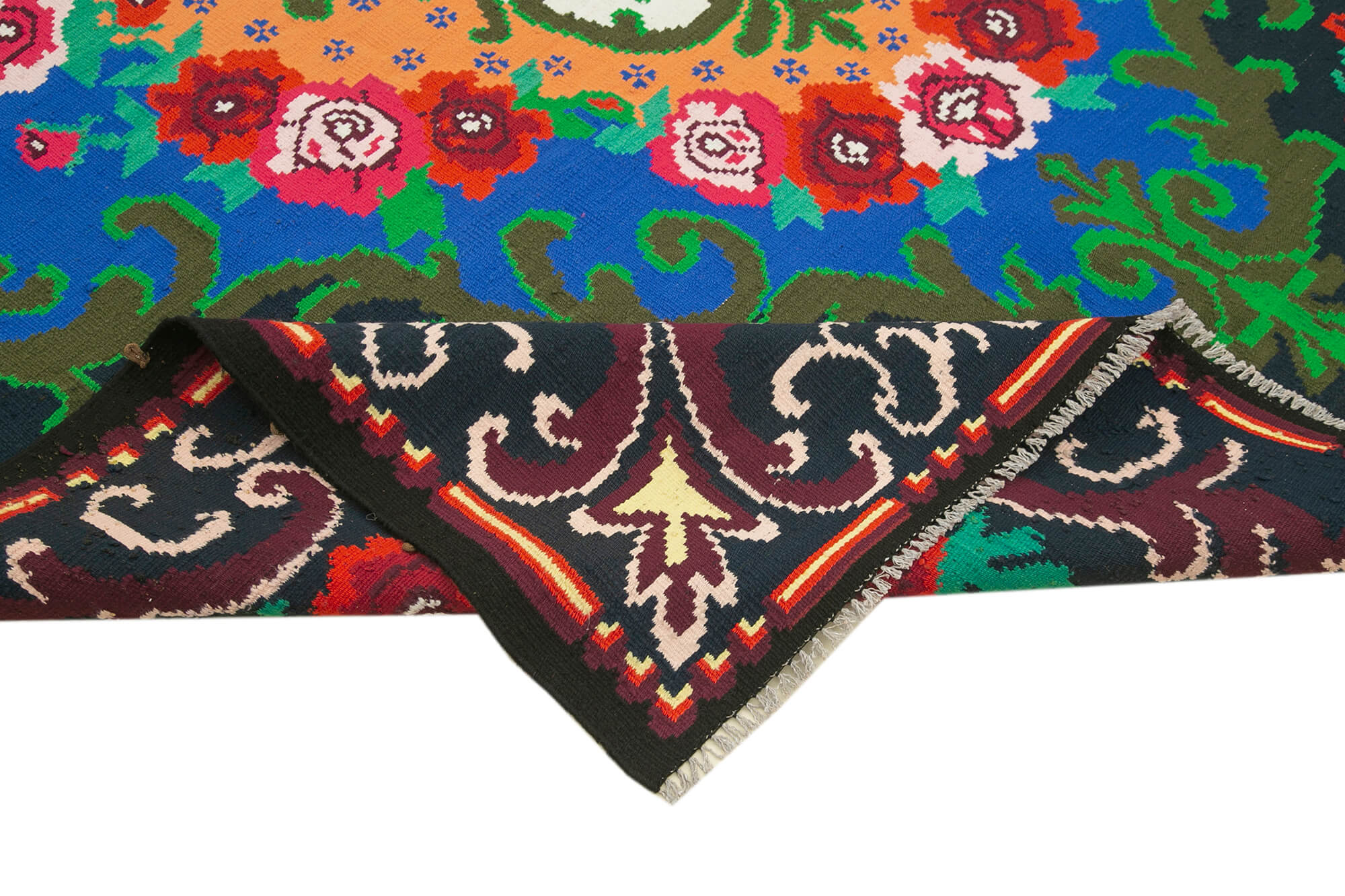 Handmade Wool Rug - Moldovian Black Floral Cotton Wool Carpet 7'1''x11'0''