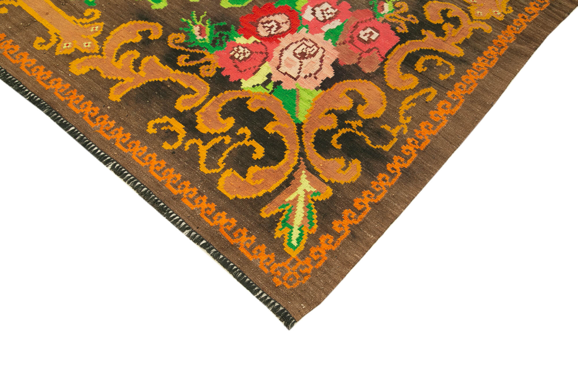 Handmade Wool Rug - Moldovian Brown Floral 7x10 Cotton Wool Blend Carpet