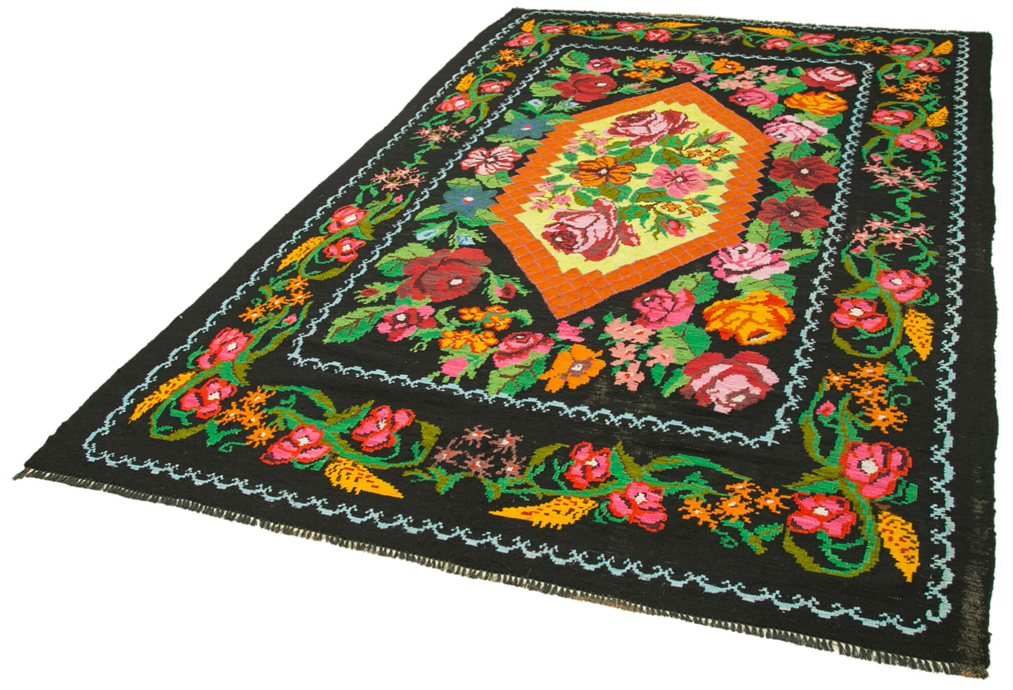 Handmade Wool Rug - Moldovian Black Floral Vintage Area Rug 6'4''x10'2''
