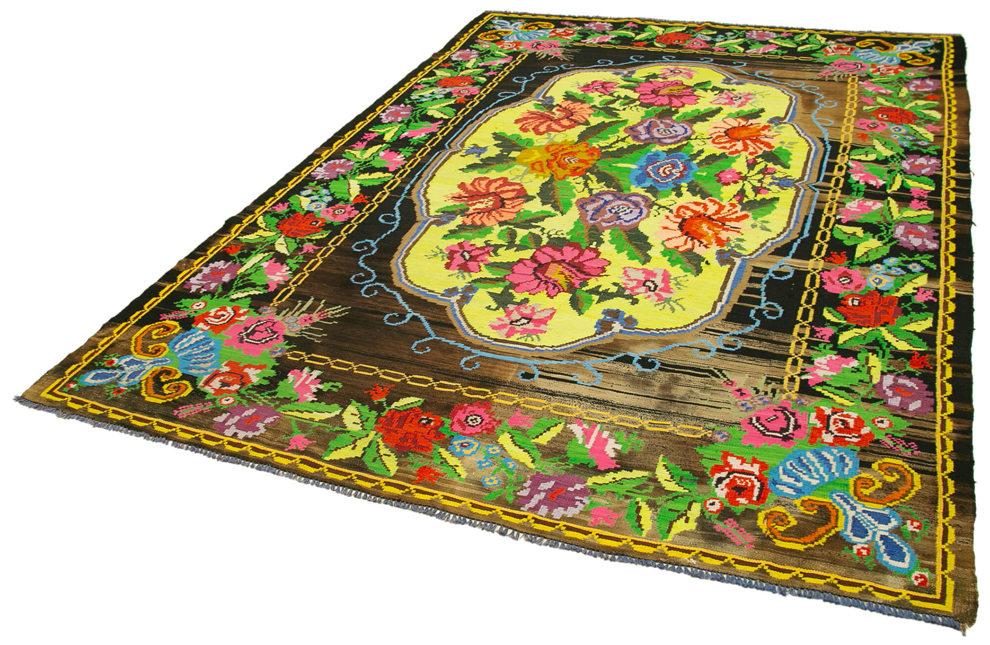 Handmade Wool Rug - Black Floral Vintage Area Rug 6'11''x9'5'' Artisan Crafted