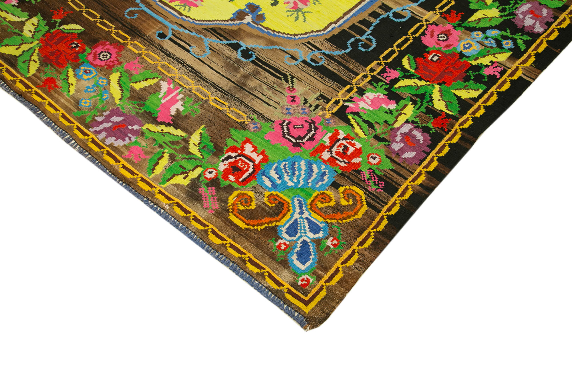 Handmade Wool Rug - Black Floral Vintage Area Rug 6'11''x9'5'' Artisan Crafted