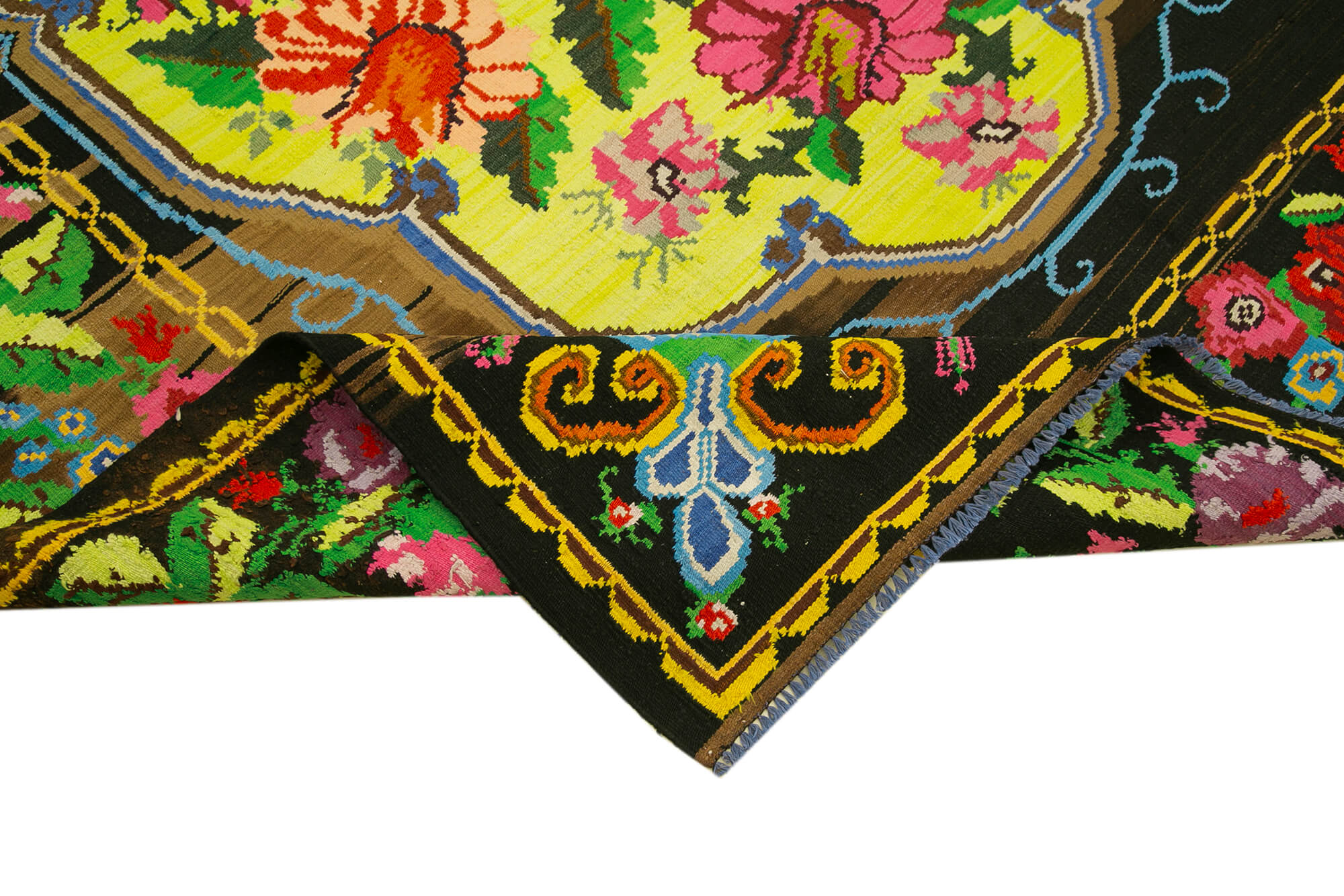 Handmade Wool Rug - Black Floral Vintage Area Rug 6'11''x9'5'' Artisan Crafted