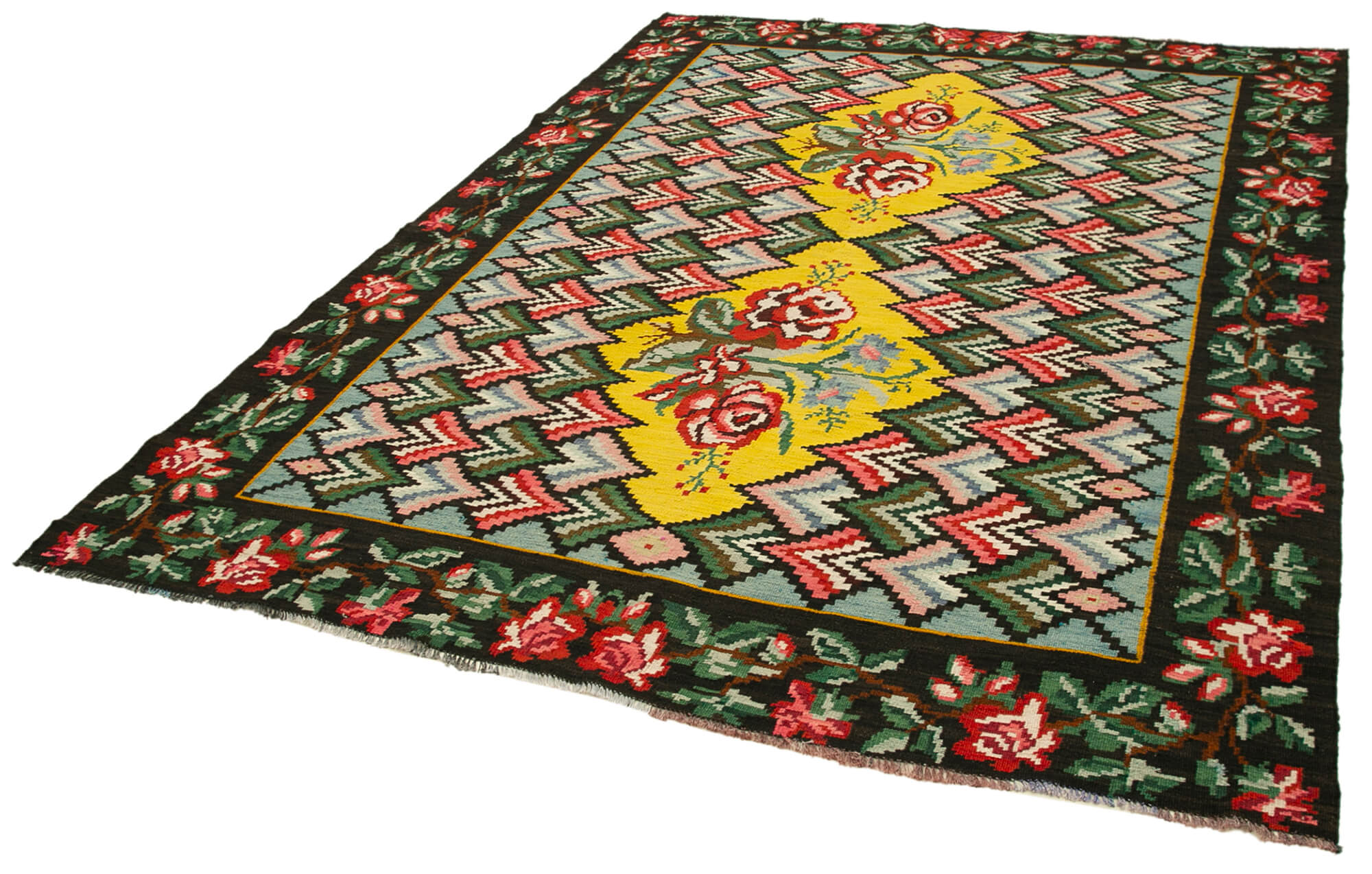 Handmade Wool Rug - Moldovian Vintage Area Rug With Black Floral Design 6'10''x9'3''