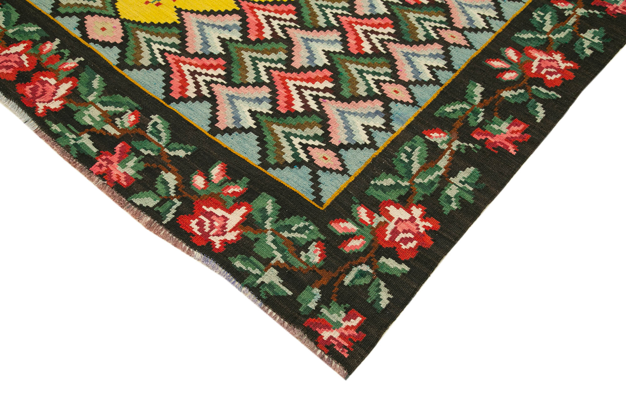Handmade Wool Rug - Moldovian Vintage Area Rug With Black Floral Design 6'10''x9'3''