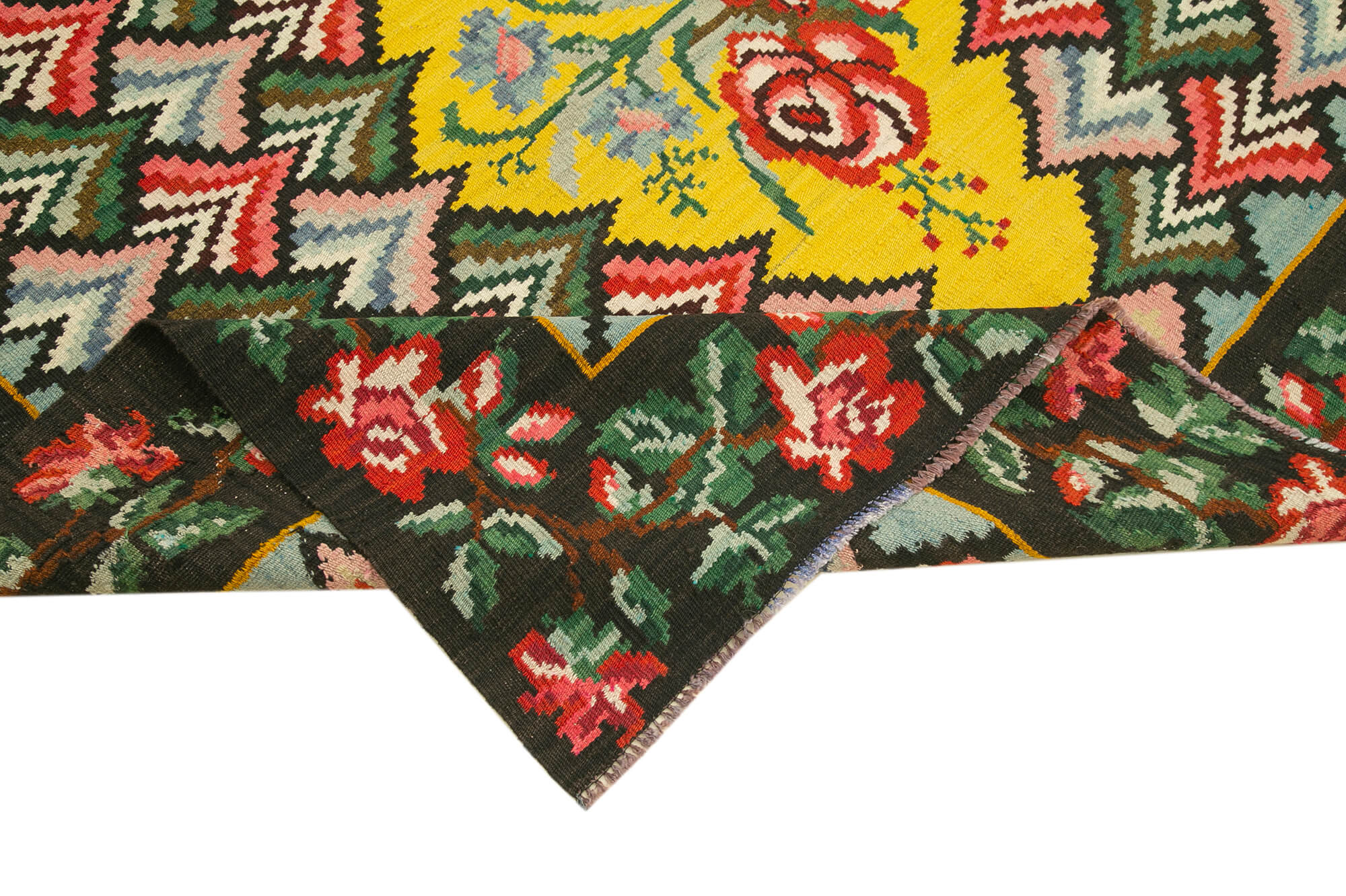 Handmade Wool Rug - Moldovian Vintage Area Rug With Black Floral Design 6'10''x9'3''