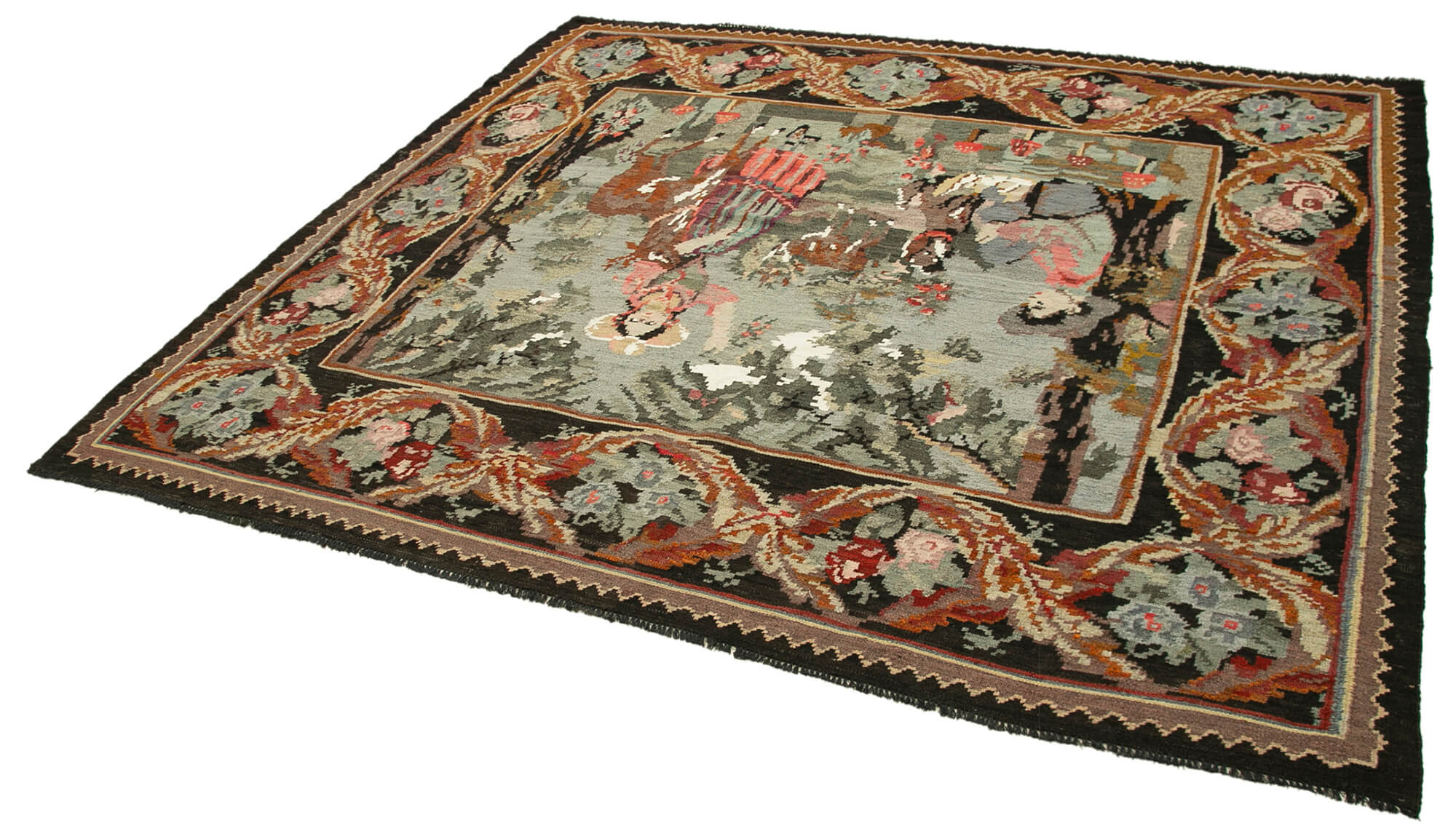 Handmade Wool Rug – Moldovian Black Floral Pattern Cotton Wool Carpet 6'5''x7'0''
