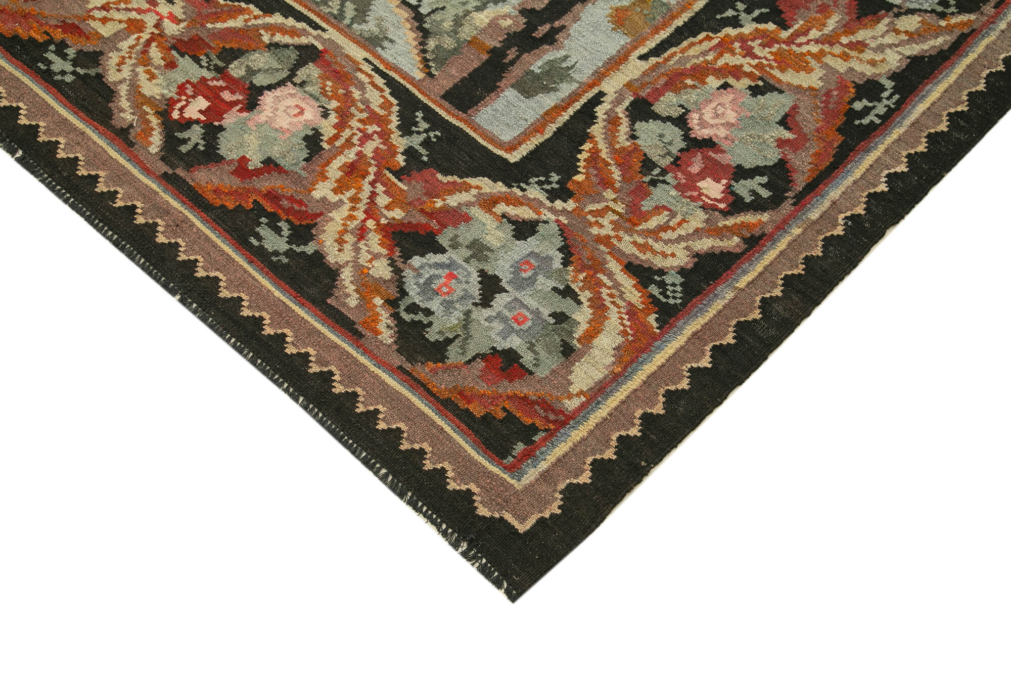 Handmade Wool Rug – Moldovian Black Floral Pattern Cotton Wool Carpet 6'5''x7'0''