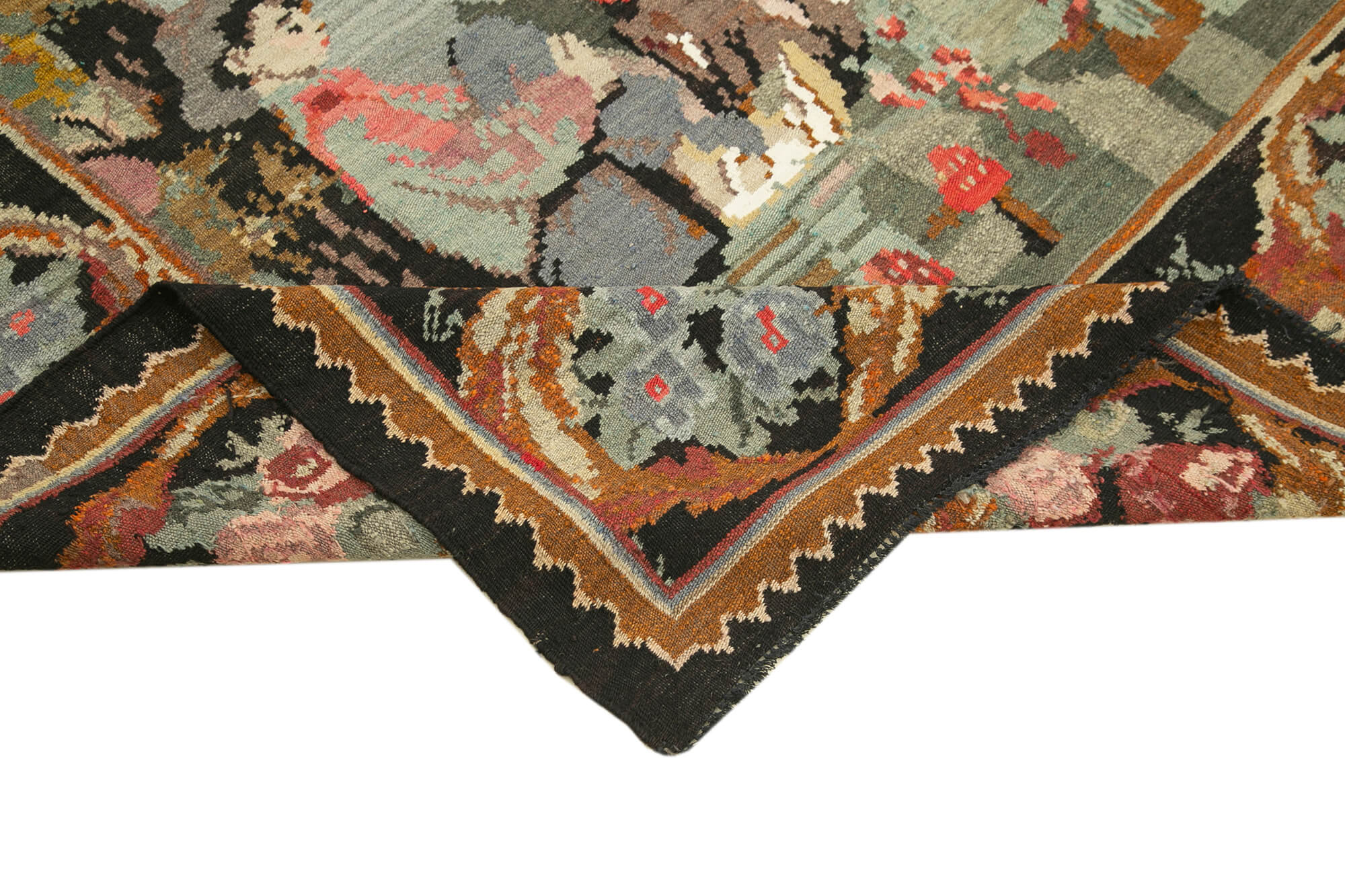 Handmade Wool Rug – Moldovian Black Floral Pattern Cotton Wool Carpet 6'5''x7'0''