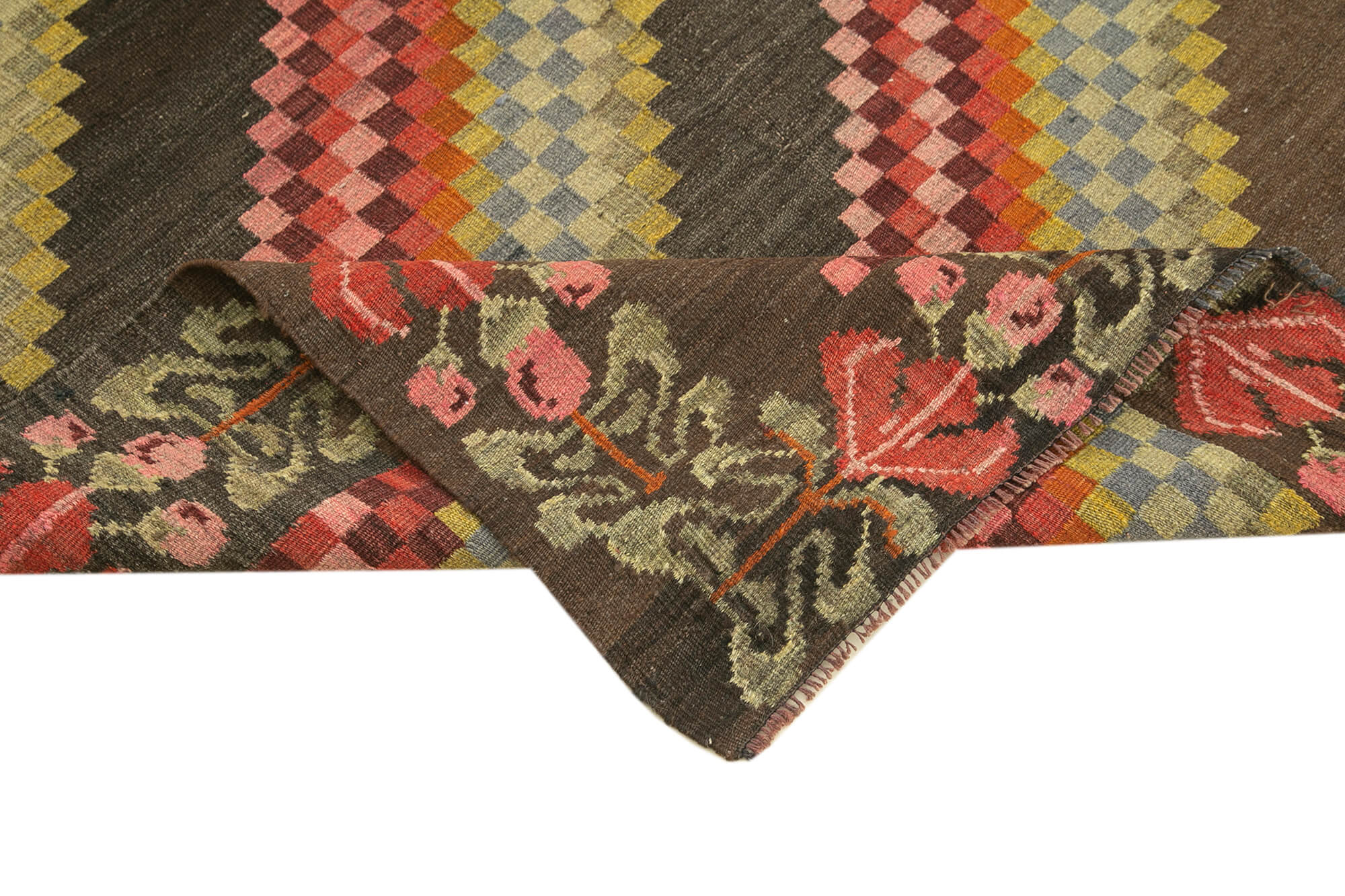 Handmade Wool Rug - Moldovian Brown Floral Cotton & Goat Hair Vintage Area Rug 4'6''x6'5''