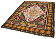 Handmade Wool Rug - Vintage Area Rug With Black Floral Design & Soft Wool Texture 5'4''x7'3''