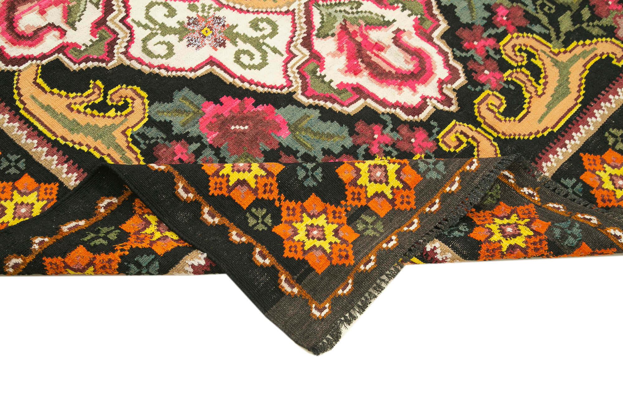 Handmade Wool Rug - Vintage Area Rug With Black Floral Design & Soft Wool Texture 5'4''x7'3''