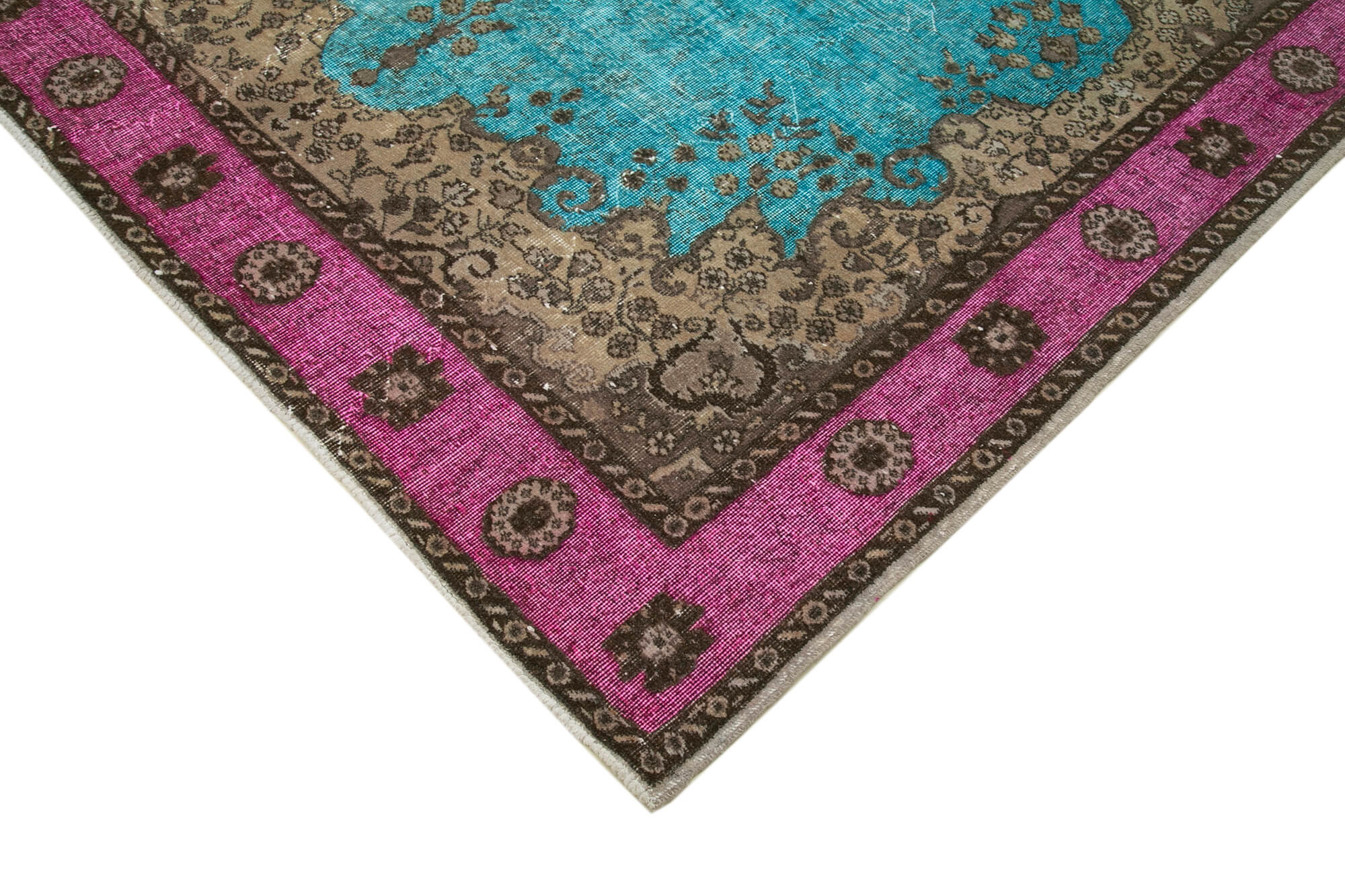 Vintage Cotton Wool Rug – Handmade Area Rug with Turquoise Vintage Carpet Design 6'10''x10'8''
