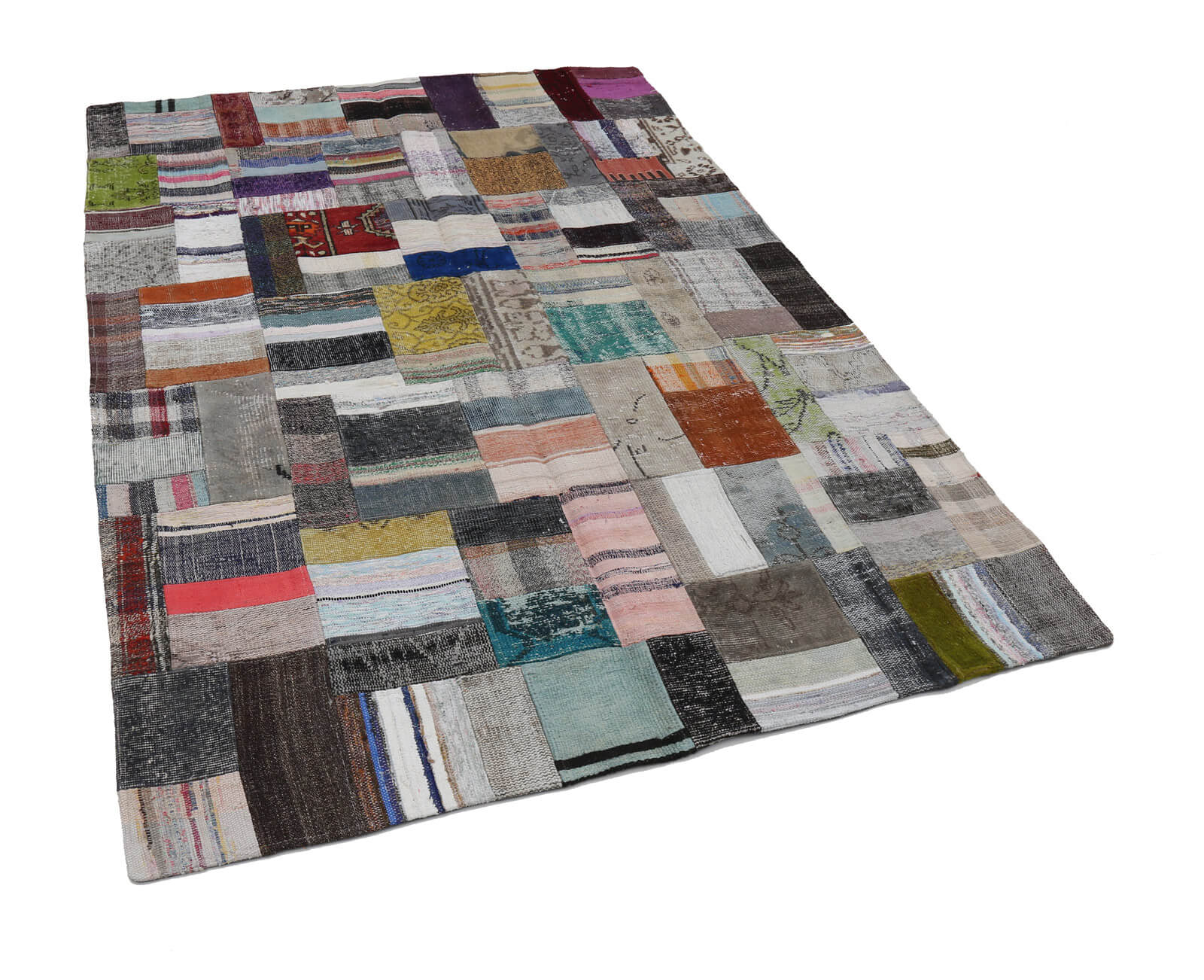 Handmade Area Rug – Grey Patchwork Cotton Wool Vintage Turkish Carpet 5'7''x7'10''
