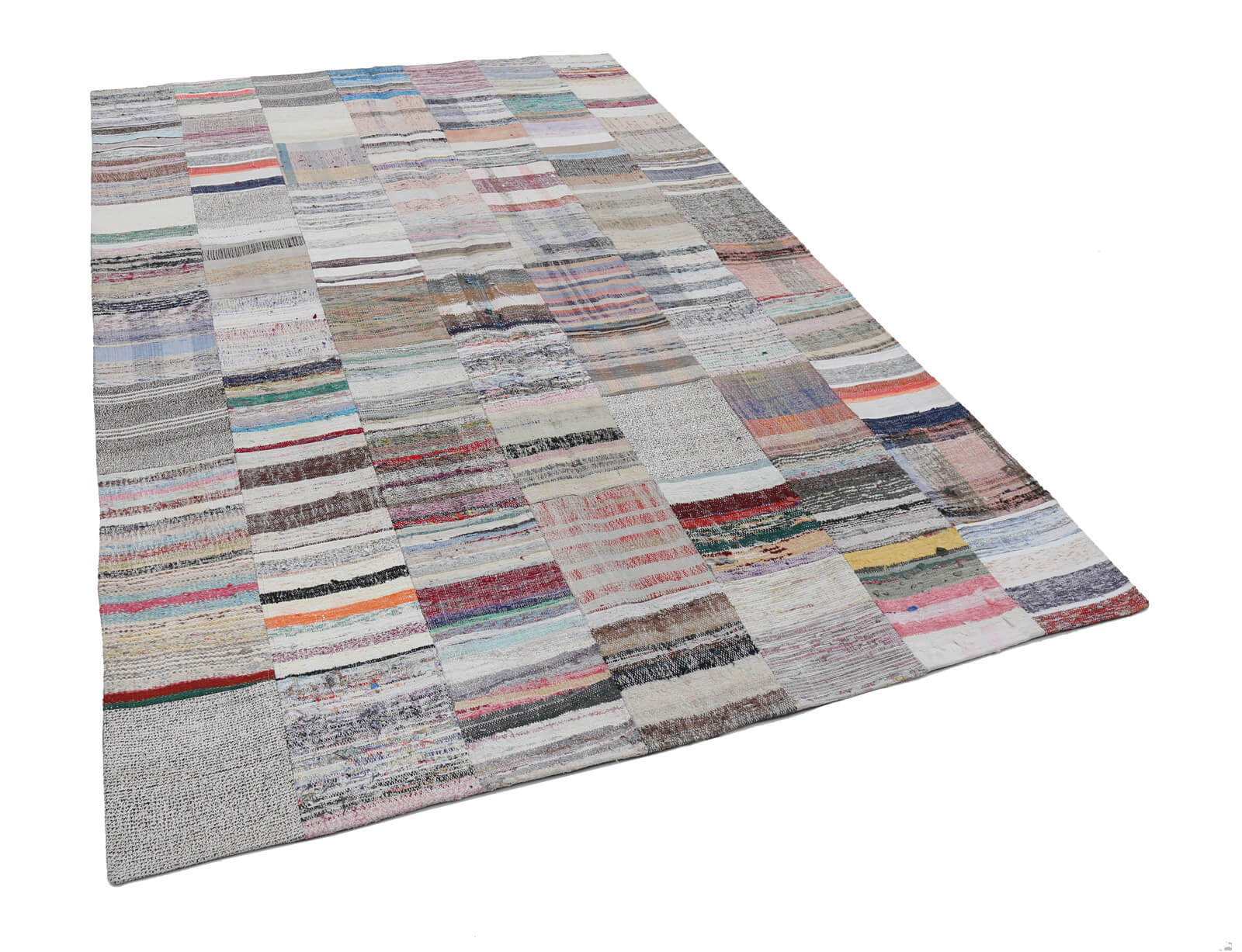 Handmade Area Rug - Beige Patchwork Wool Cotton Vintage Carpet 6'7"x9'11"