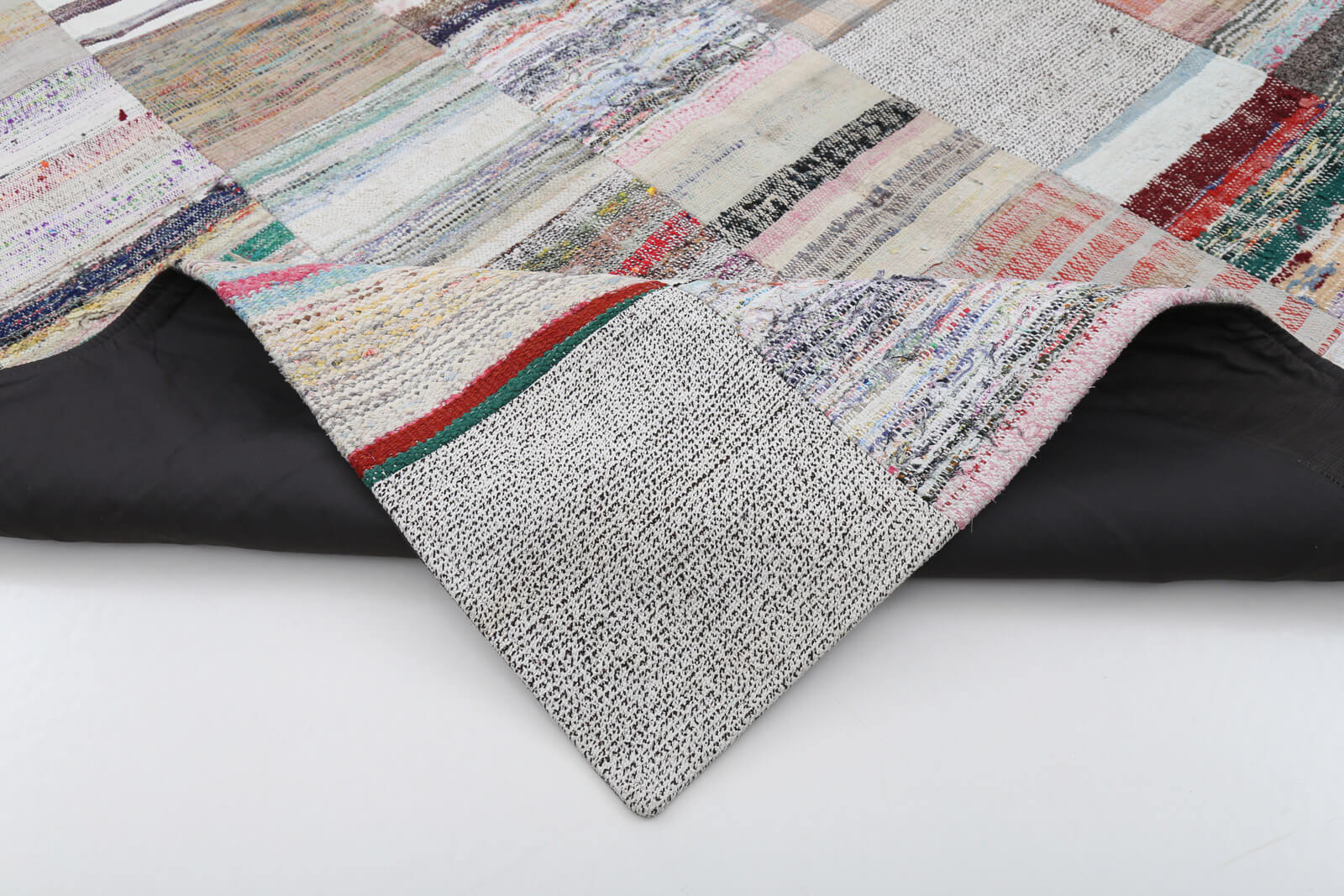 Handmade Area Rug - Beige Patchwork Wool Cotton Vintage Carpet 6'7"x9'11"