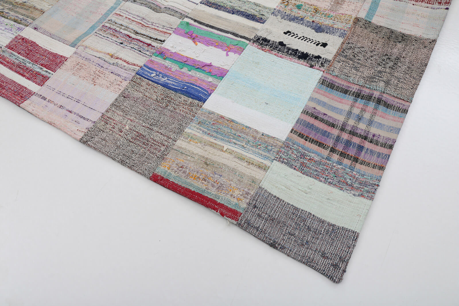 Handmade Area Rug - Grey Patchwork Wool Cotton Carpet 6'7'' x 9'9'' Durable Soft