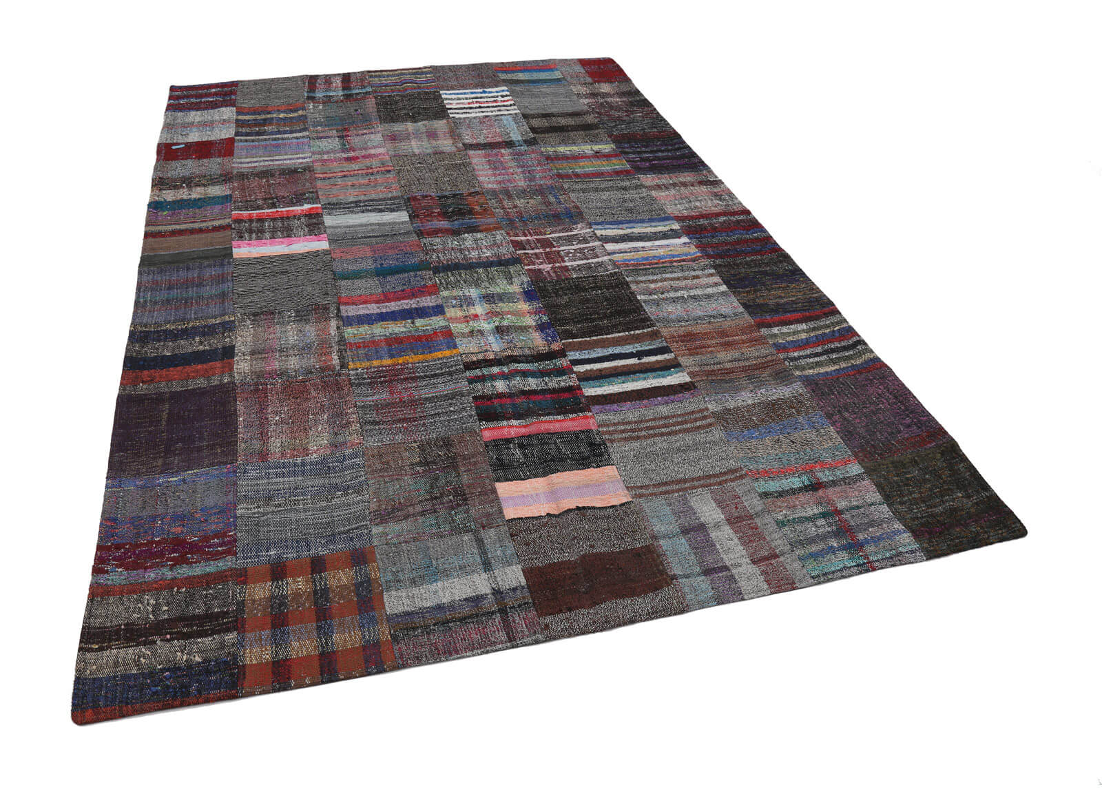 Handmade Wool Area Rug - Kirk Yama Grey Patchwork Carpet 6'9''x9'9'' Durable Cotton Wool Rug