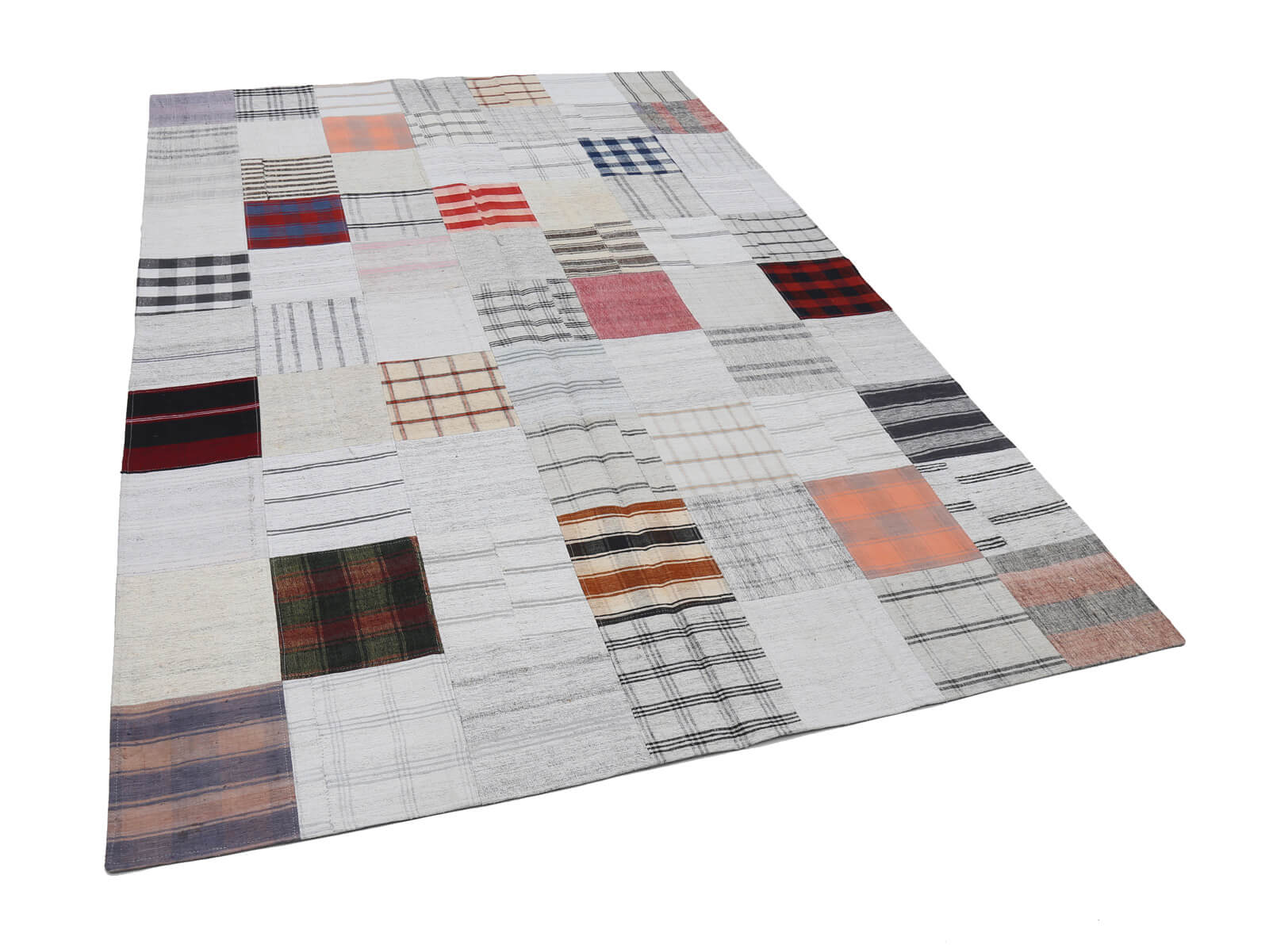 Handmade Area Rug – Beige Patchwork Cotton Wool Vintage Turkish Carpet 6'8''x9'11''
