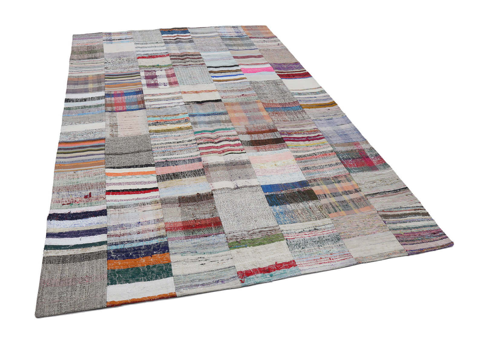 Handmade Patchwork Area Rug - Beige Cotton Wool Rug with Vintage Turkish Carpet Design 6'7''x9'11''