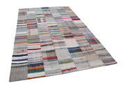 Handmade Patchwork Area Rug - Beige Cotton Wool Rug with Vintage Turkish Carpet Design 6'7''x9'11''