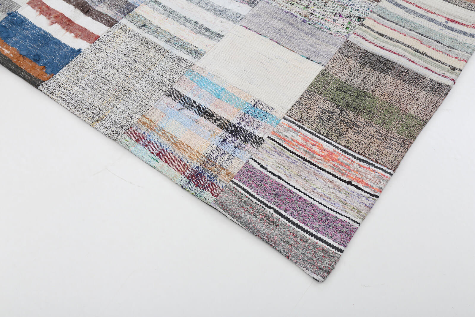 Handmade Patchwork Area Rug - Beige Cotton Wool Rug with Vintage Turkish Carpet Design 6'7''x9'11''