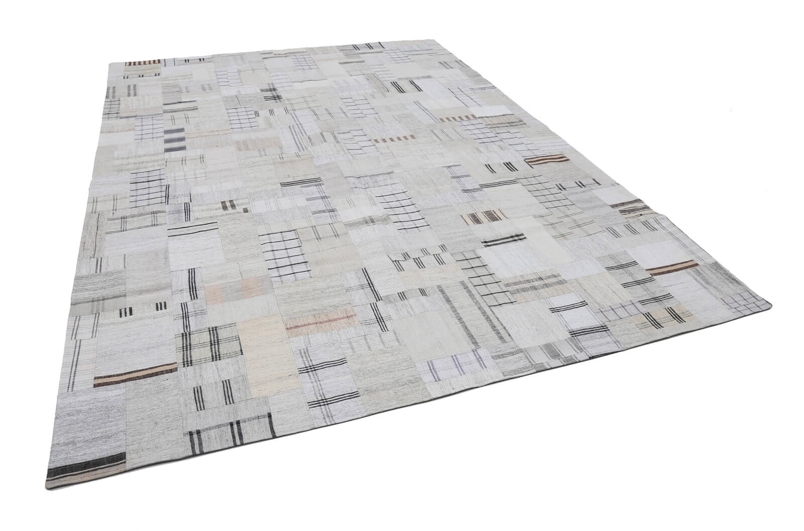 Handmade Area Rug – Beige Patchwork Cotton Wool Vintage Carpet 8'8''x11'11''