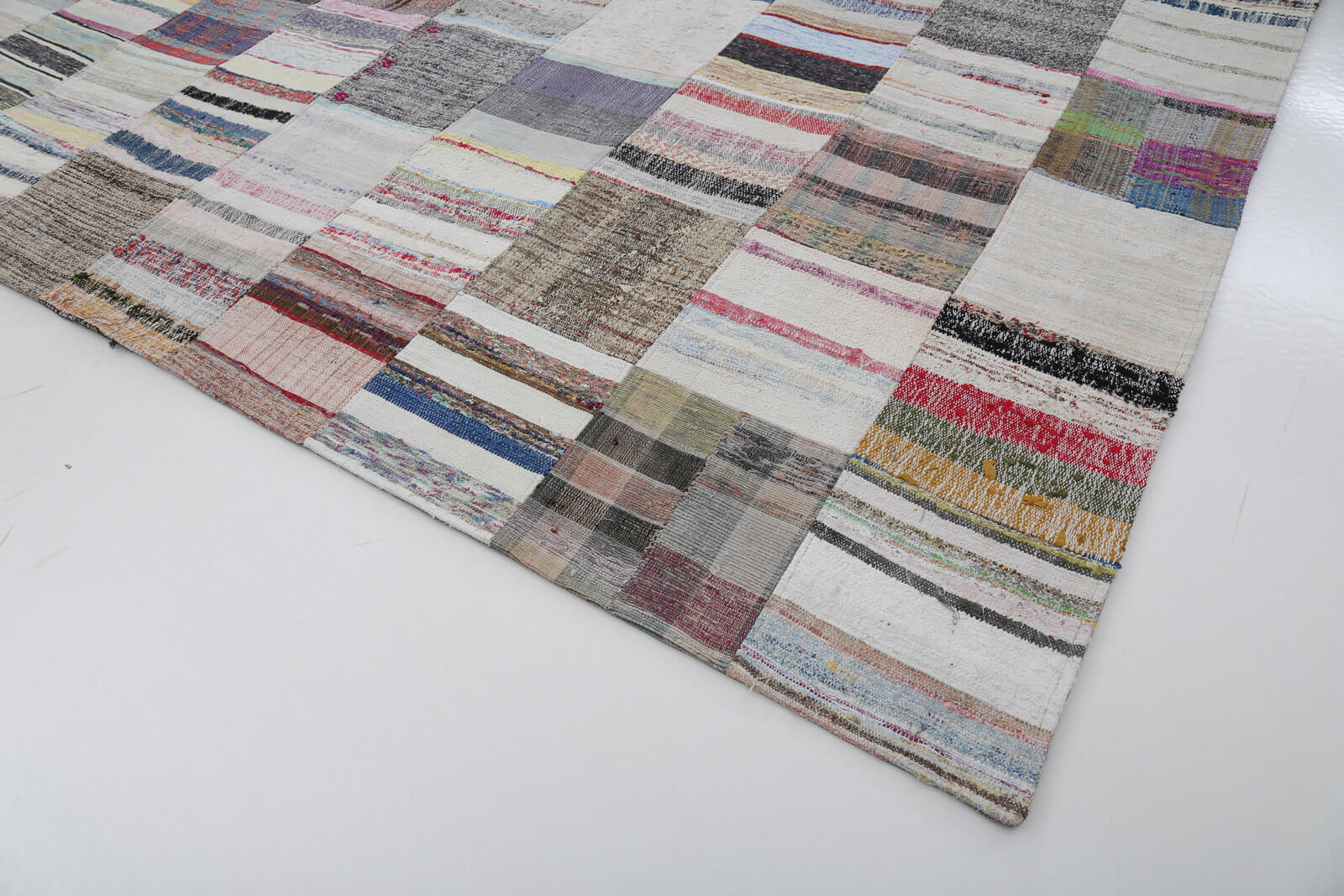 Handmade Area Rug - Beige Patchwork Cotton Wool Rug, Vintage Turkish Carpet 9'11"x13'1"