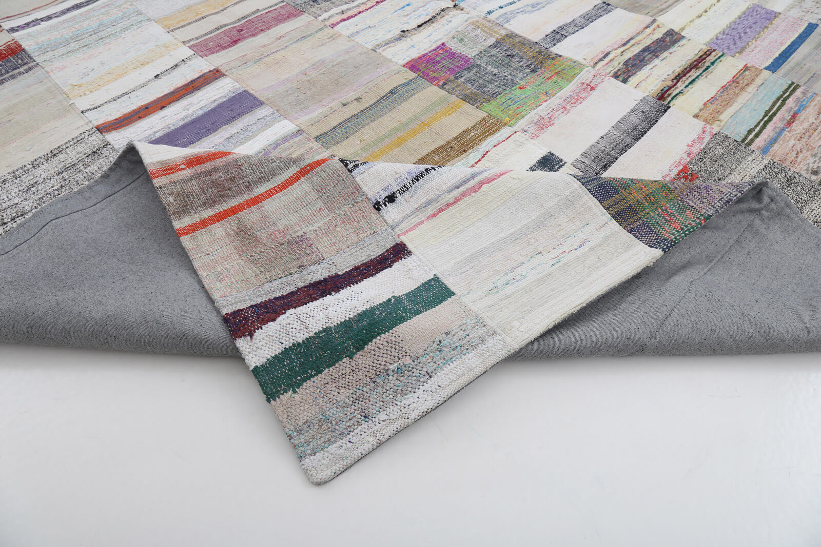 Handmade Area Rug - Beige Patchwork Cotton Wool Rug, Vintage Turkish Carpet 9'11"x13'1"
