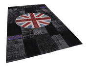 Handmade Area Rug - Black Figured Turkish Patchwork 6x10 Wool Cotton Carpet