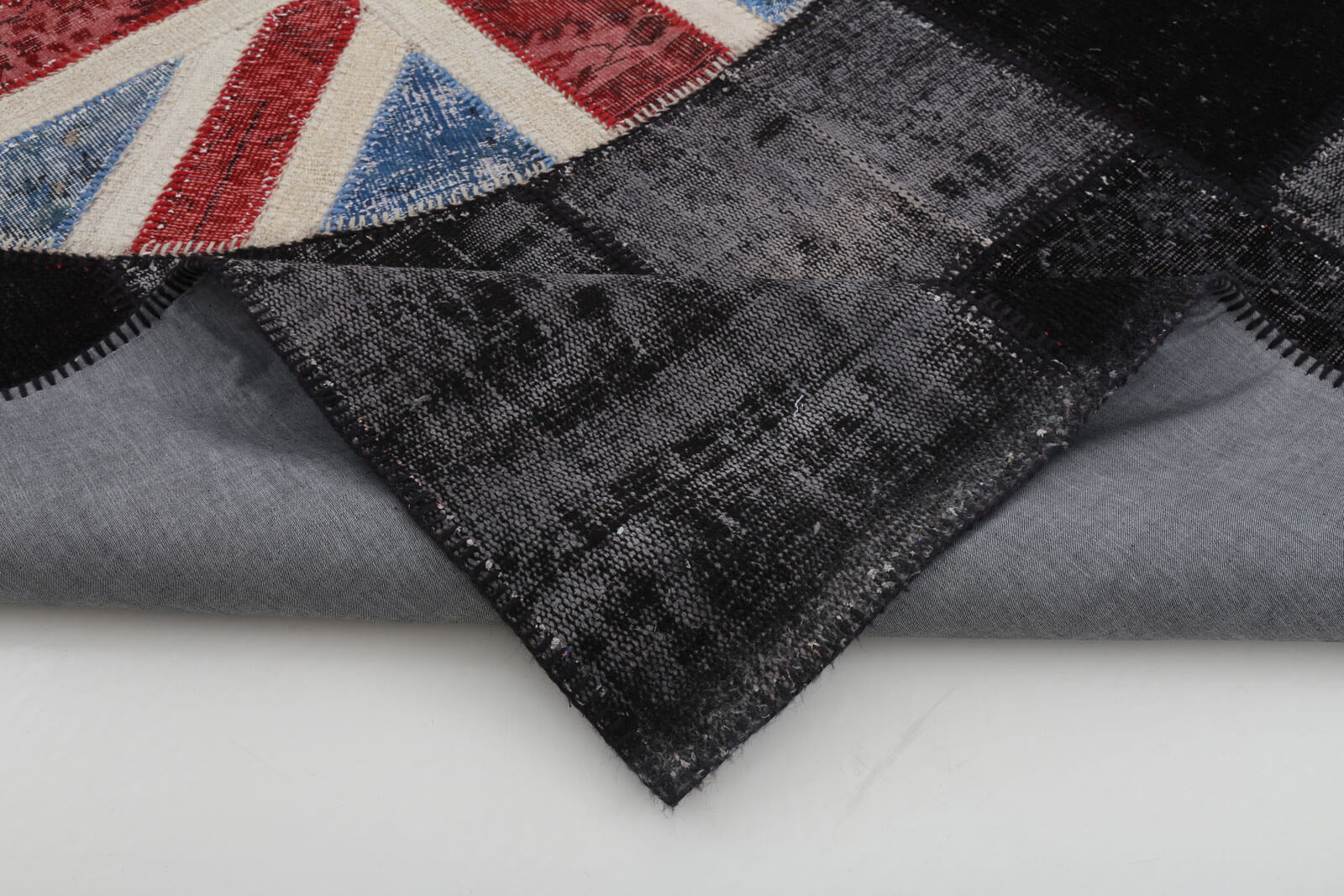 Handmade Area Rug - Black Figured Turkish Patchwork 6x10 Wool Cotton Carpet