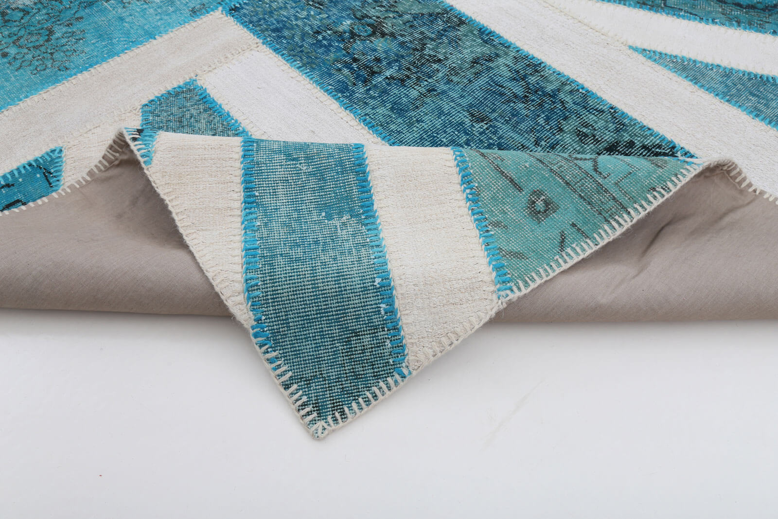 Handmade Area Rug - Blue Patchwork Cotton Wool Vintage Hand Woven Carpet 6'3''x9'11''