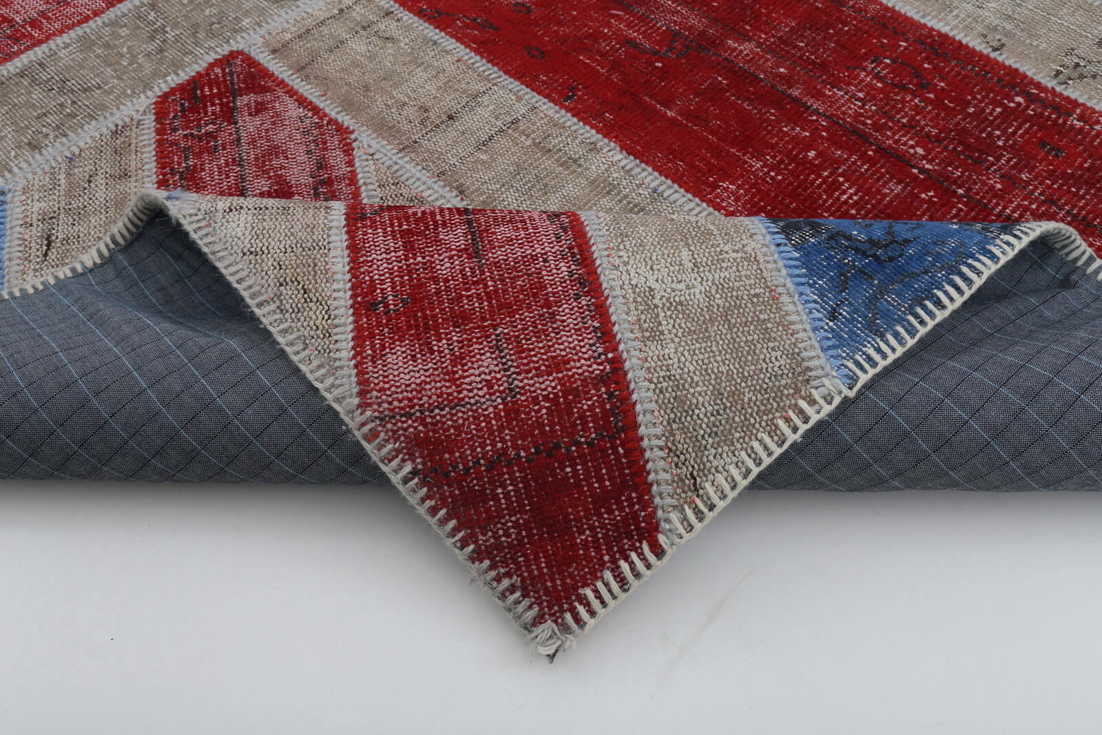 Handmade Area Rug – Blue Figured Turkish Patchwork Wool Cotton Carpet 6x9