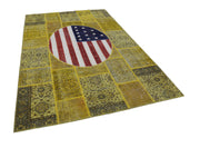 Handmade Wool Area Rug – Yellow Patchwork Rug | Vintage Turkish Carpet 6'7''x9'11''