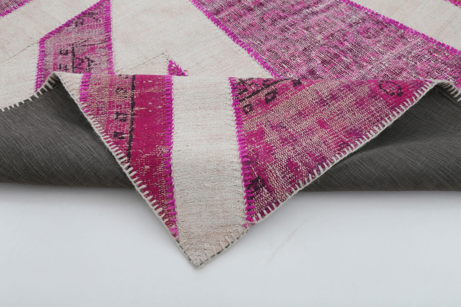Handmade Area Rug – Pink Patchwork Wool Cotton Rug 6'8''x10' Vintage Turkish Carpet