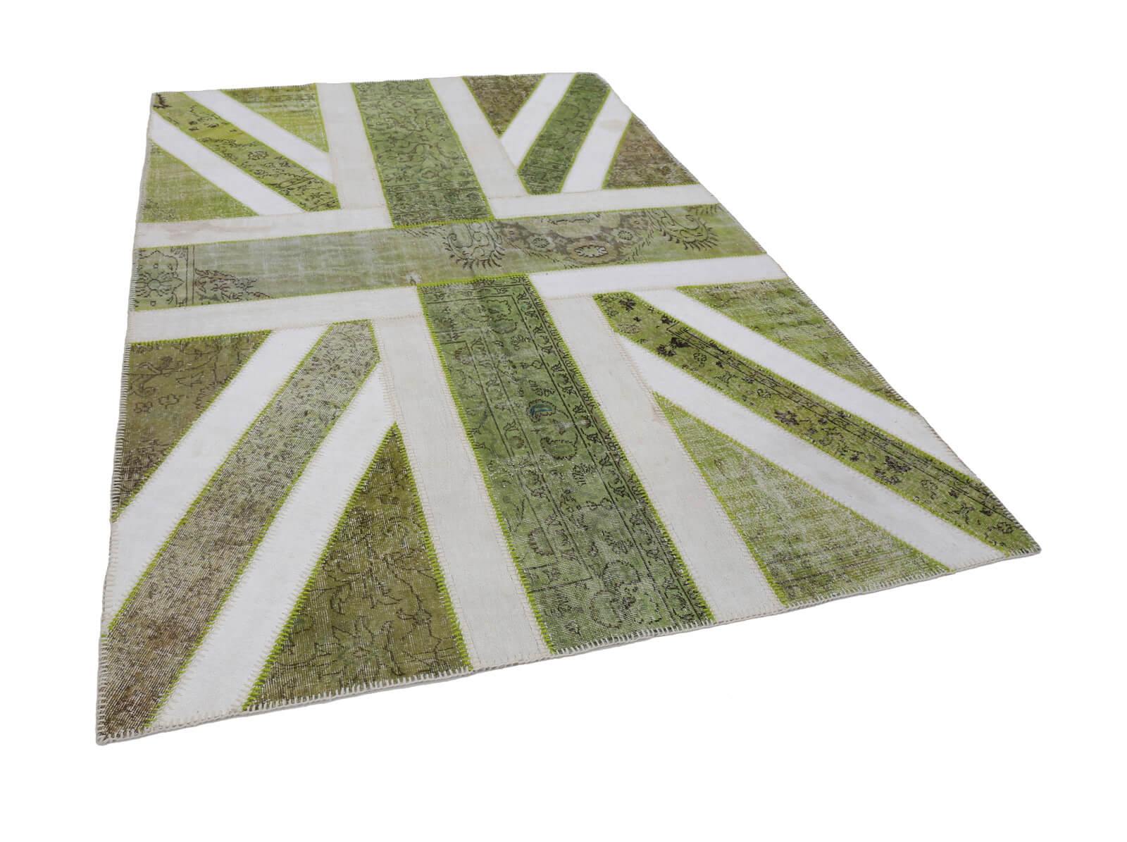 Handmade Wool Area Rug – Green Figured Turkish Patchwork Carpet 6x9 Vintage Cotton