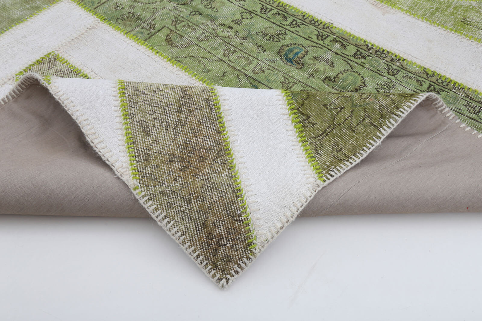 Handmade Wool Area Rug – Green Figured Turkish Patchwork Carpet 6x9 Vintage Cotton
