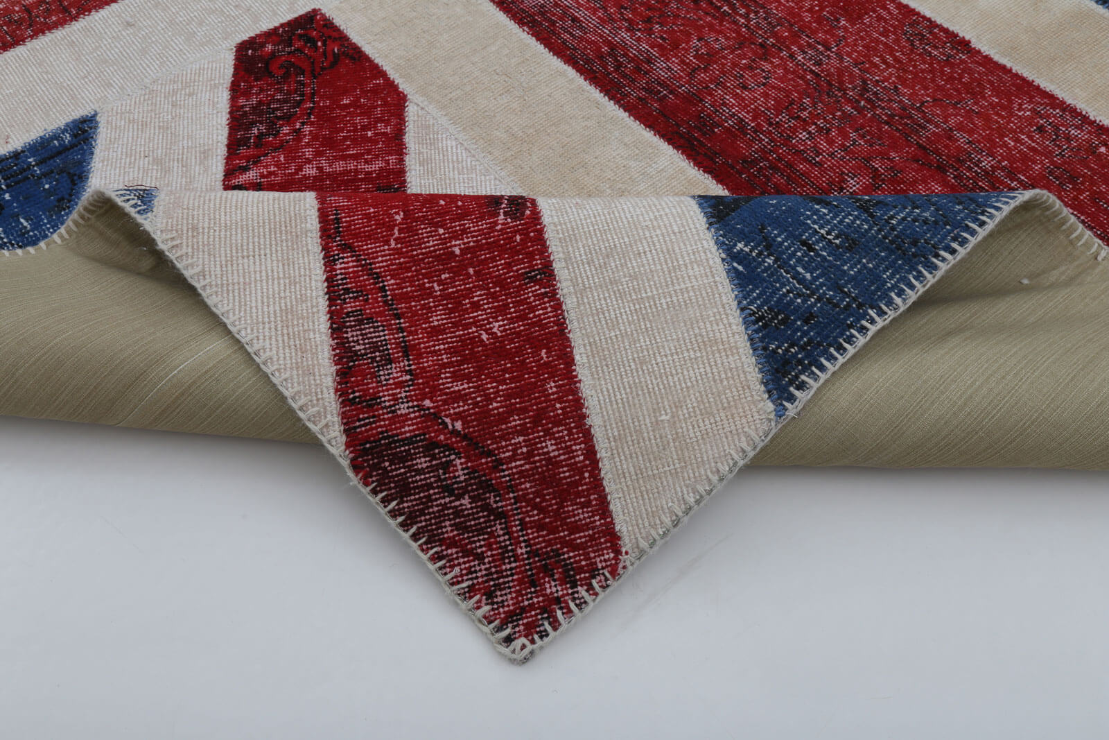 Handmade Area Rug - Blue Figured Vintage Patchwork Cotton Wool Carpet 6'8''x9'11''