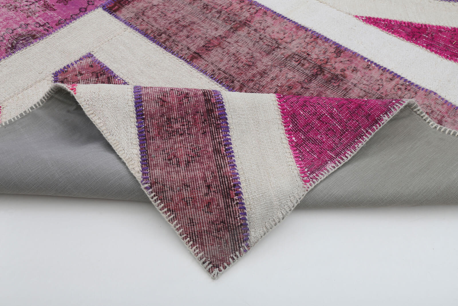 Handmade Area Rug - Pink Patchwork Wool Cotton Vintage Carpet 6'8''x9'11''