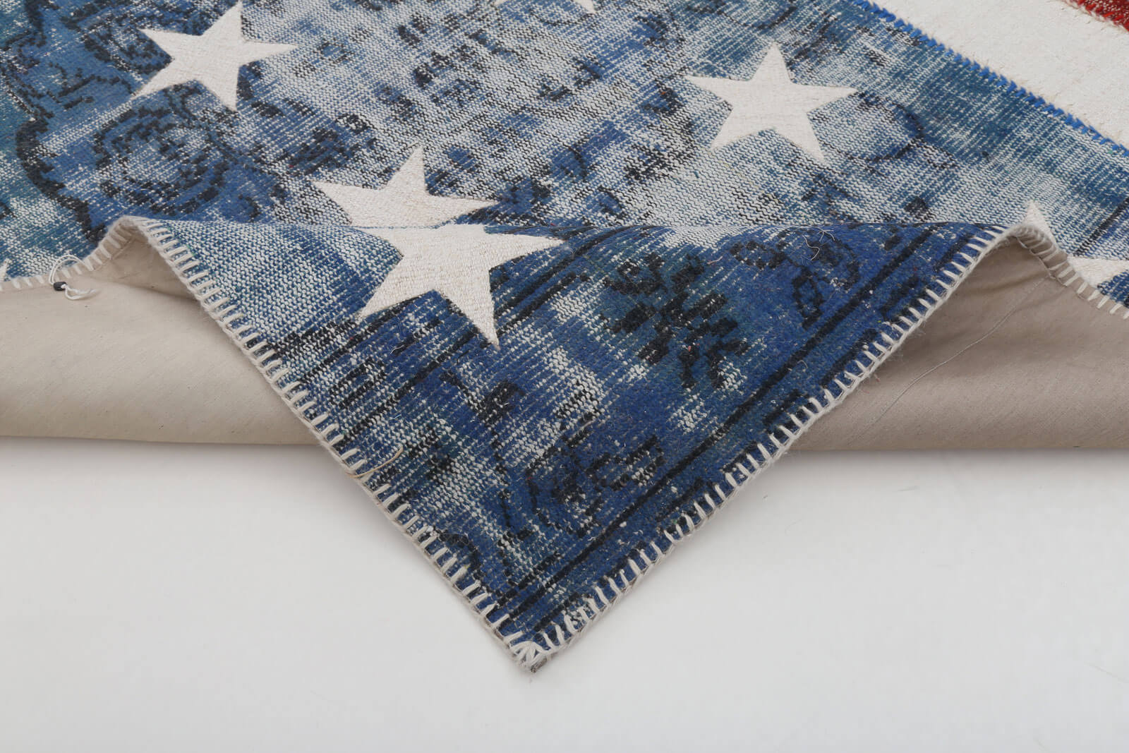 Handmade Area Rug – Blue Figured Turkish Patchwork Cotton Wool Carpet 6'7''x9'10''