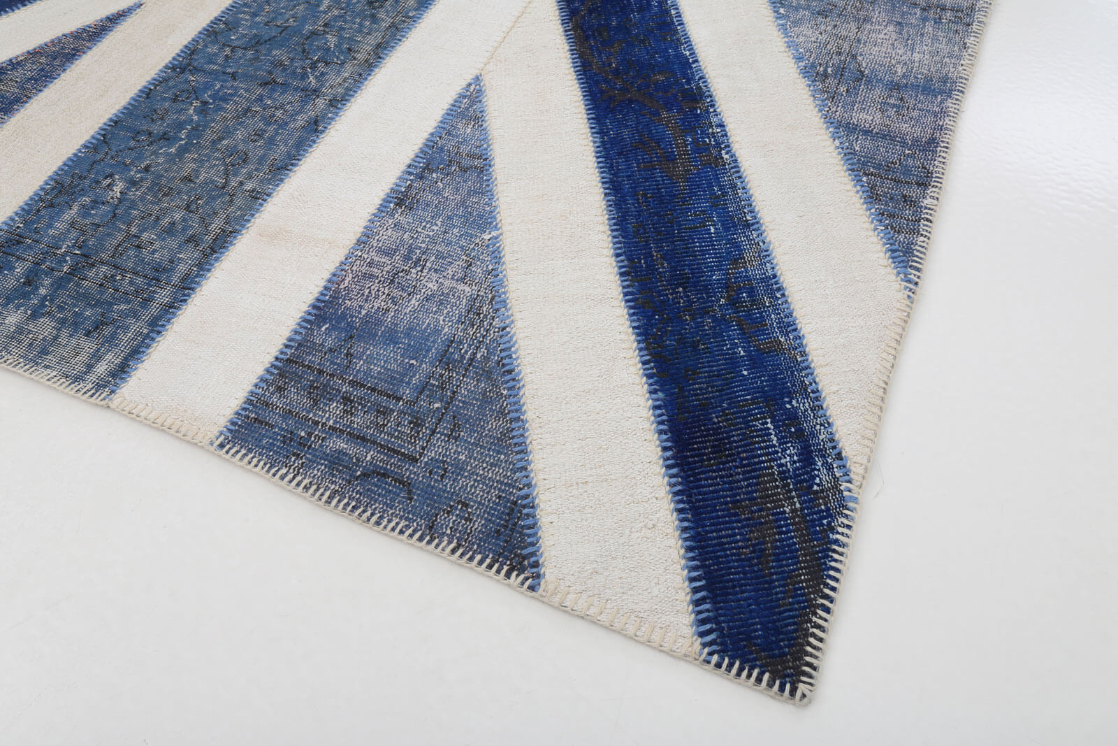 Handmade Area Rug – Vintage Wool Rug Blue Figured Cotton Patchwork Carpet 6'7''x9'11''