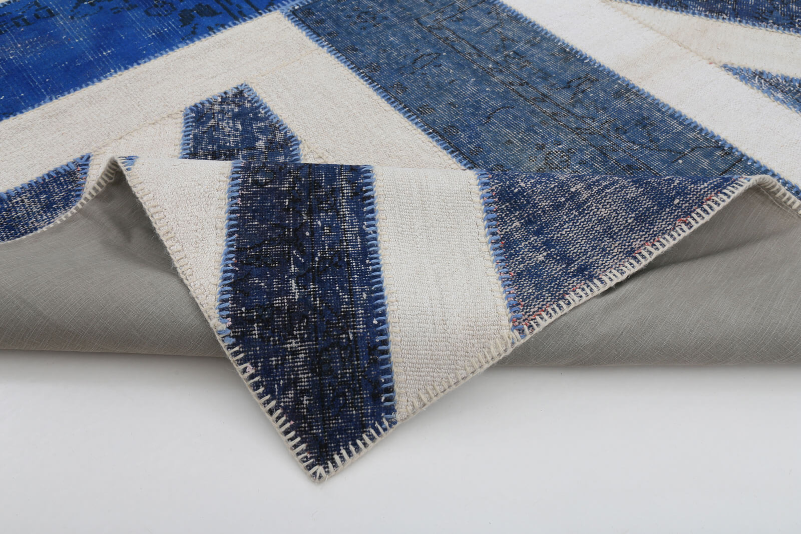 Handmade Area Rug – Vintage Wool Rug Blue Figured Cotton Patchwork Carpet 6'7''x9'11''