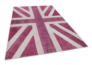 Handmade Area Rug - Vintage Wool Rug 6x10 Pink Figured Cotton Patchwork Carpet