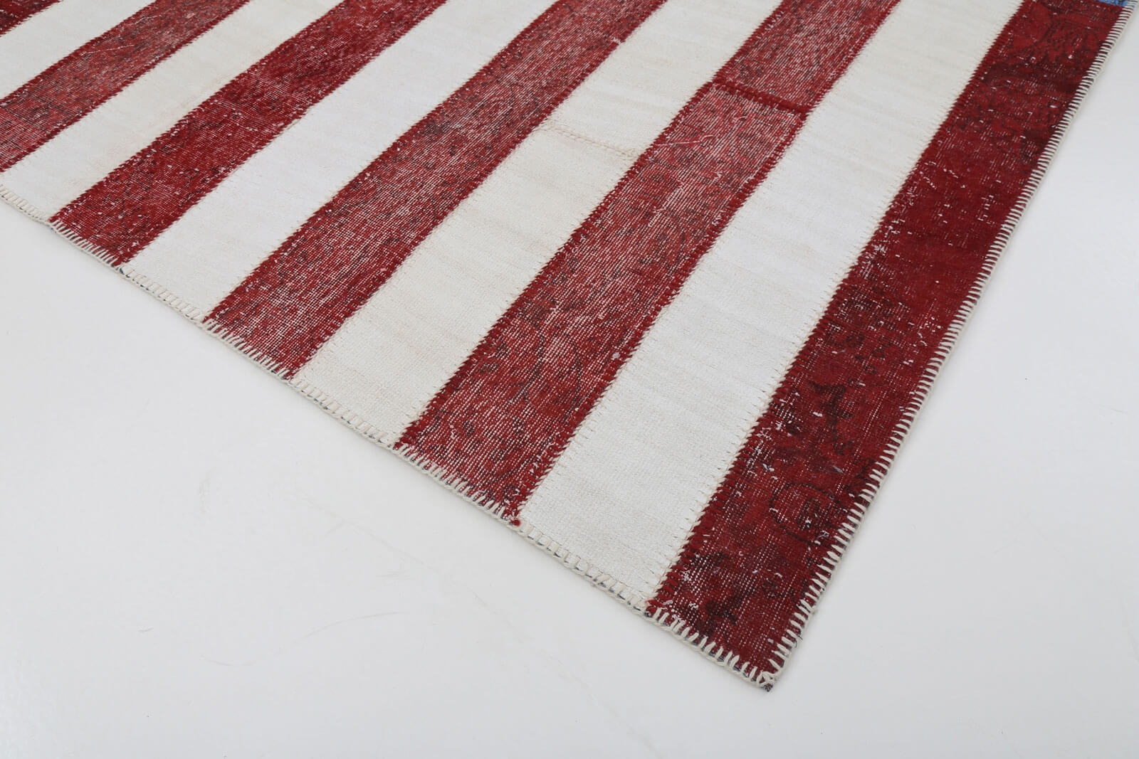 Handmade Area Rug – Turkish Patchwork Blue Wool Cotton 8'x9'10'' Vintage Carpet