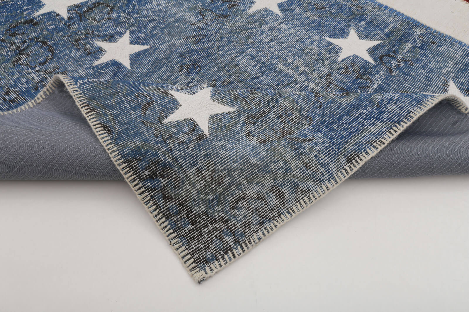 Handmade Area Rug – Turkish Patchwork Blue Wool Cotton 8'x9'10'' Vintage Carpet