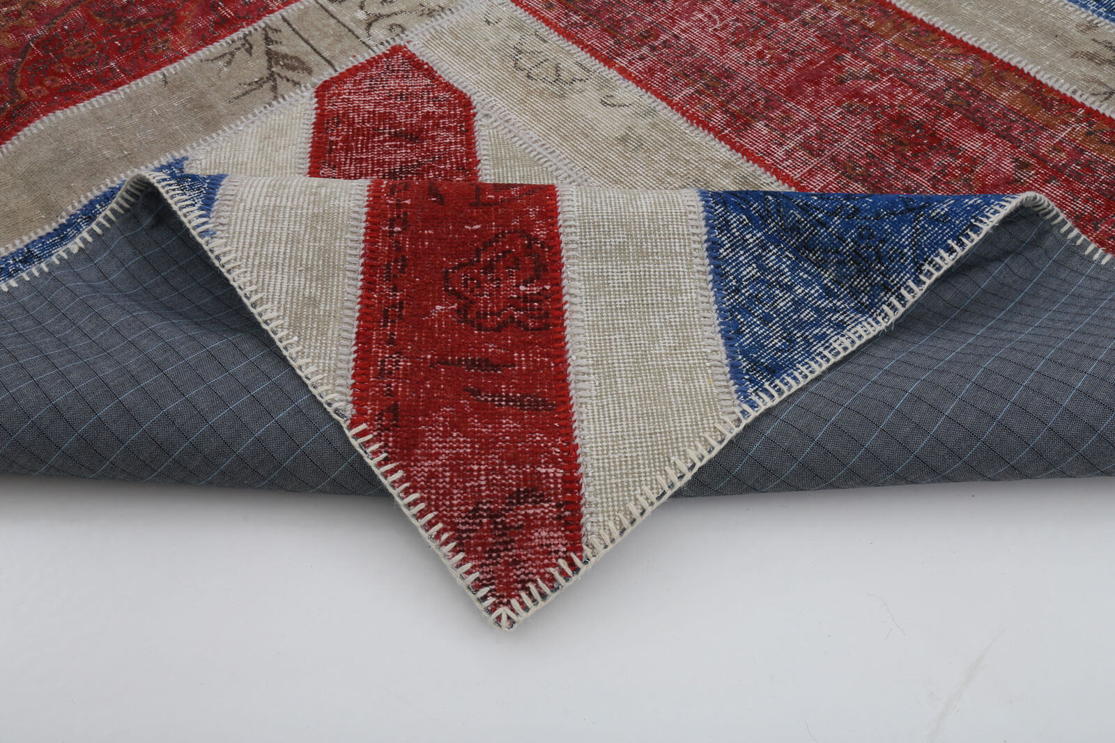 Handmade Area Rug - Blue Patchwork Cotton Wool Vintage Carpet 8'2" x 10'1"