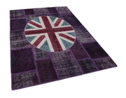 Handmade Wool Area Rug - Purple Patchwork Figured Pattern Cotton Wool Carpet 5'8''x8'1''