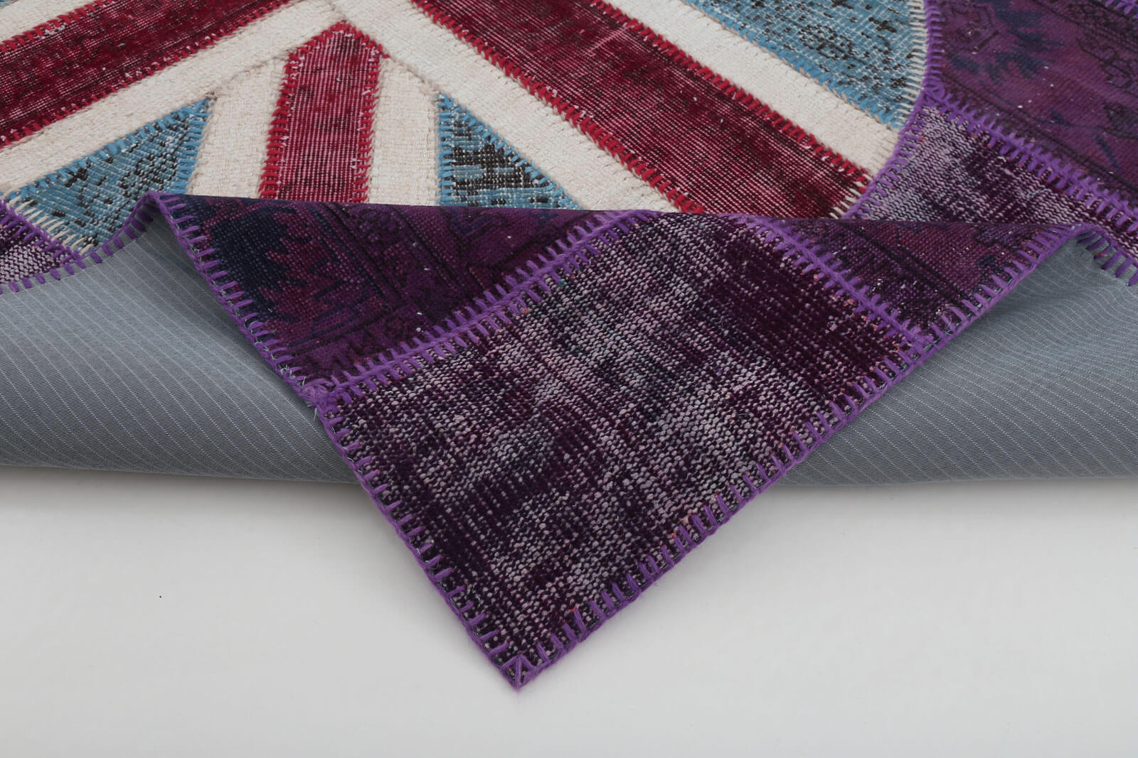 Handmade Wool Area Rug - Purple Patchwork Figured Pattern Cotton Wool Carpet 5'8''x8'1''