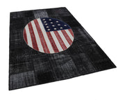 Handmade Wool Area Rug – Black Figured Patchwork Design Cotton Wool Carpet 5'8''x8'2''