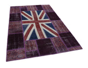 Handmade Wool Area Rug – Purple Patchwork 5x8 Vintage Turkish Carpet